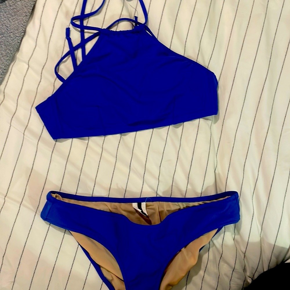 J. Crew Solid Blue Halter Bikini, Tie Back, Hipst… - image 2